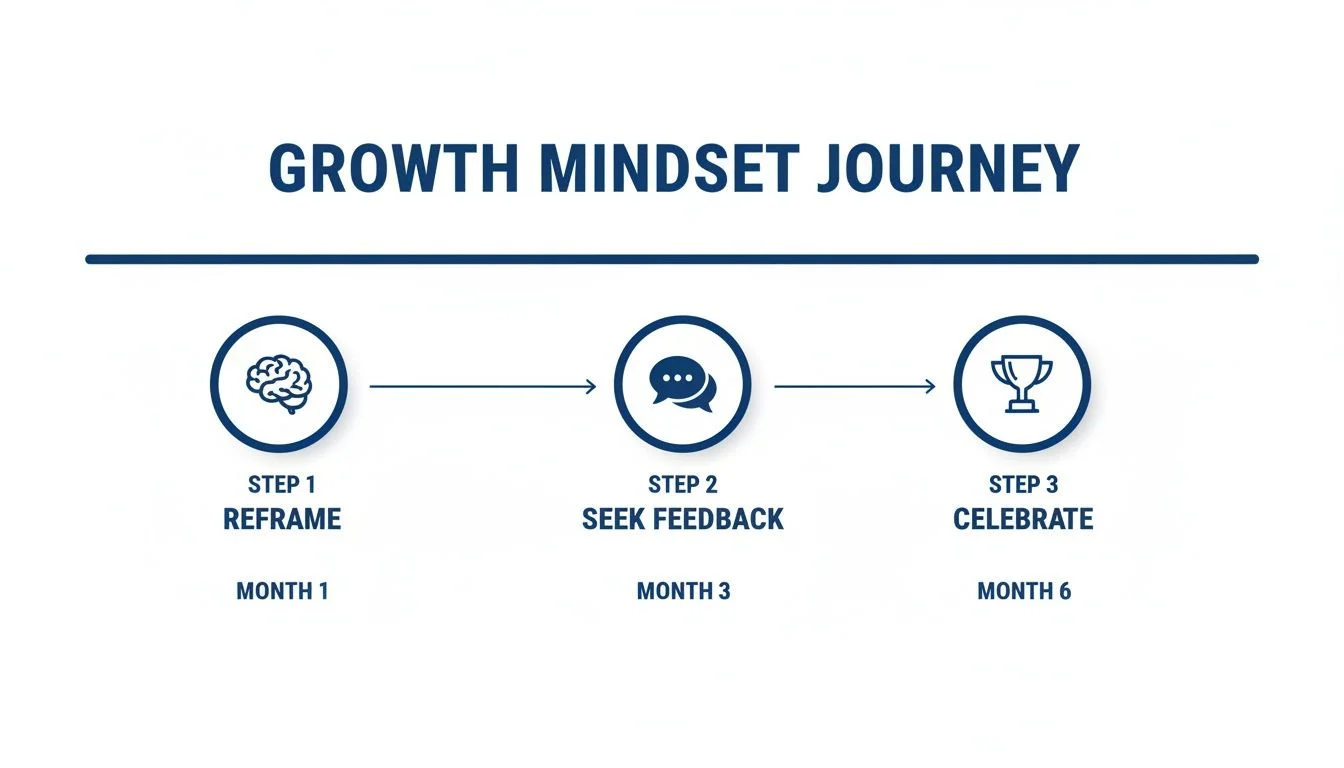 A growth mindset journey with three steps: reframe, seek feedback, and celebrate at months 1, 3, and 6.