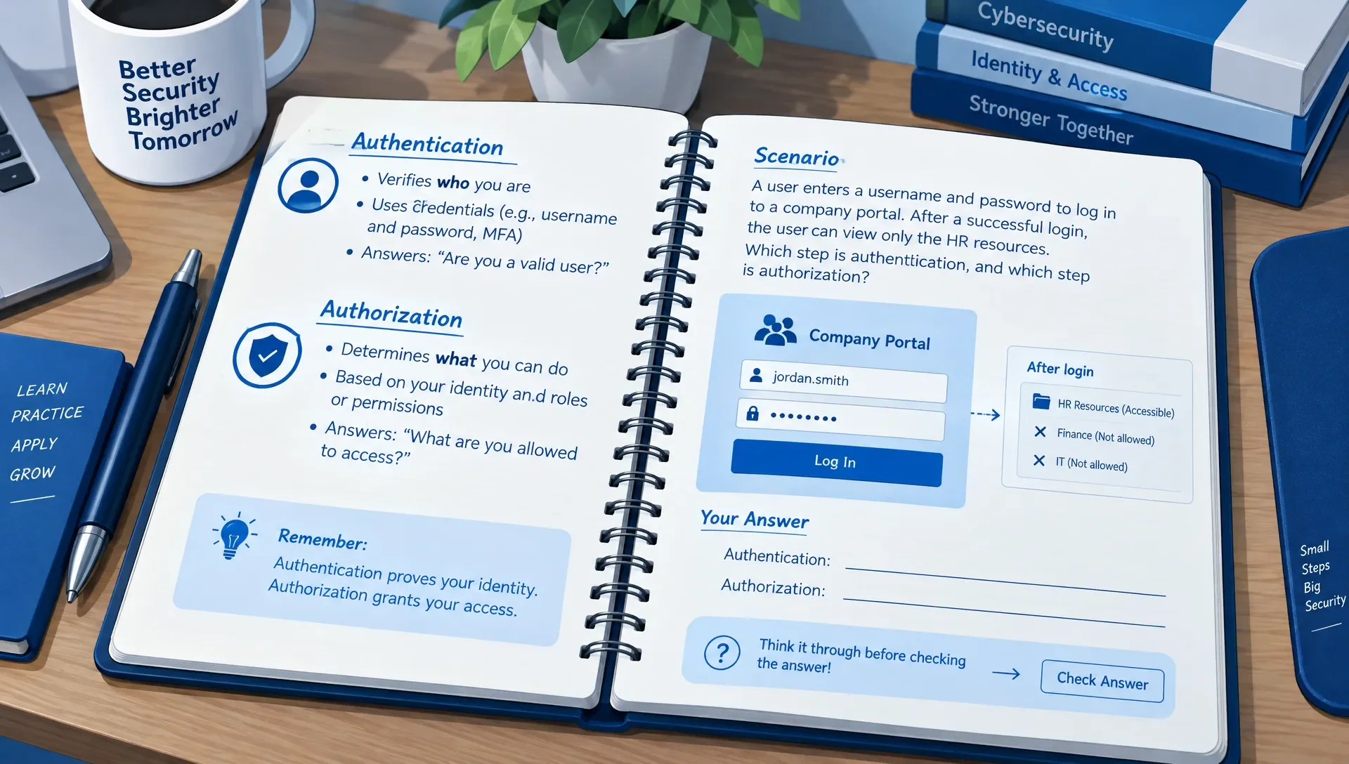 Notebook showing authentication and authorization notes next to a login scenario.