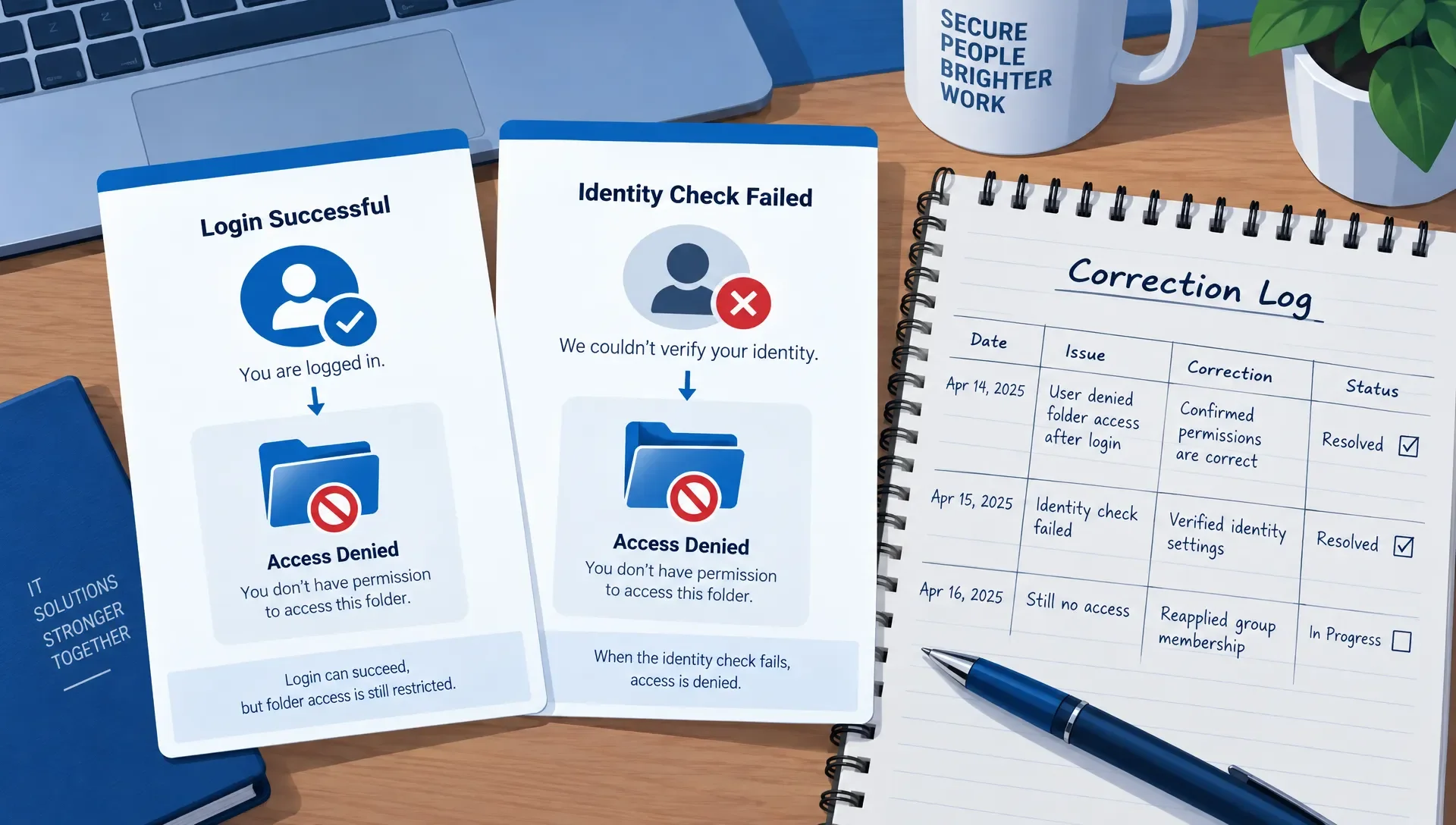 Practice cards comparing denied folder access with a failed identity check.