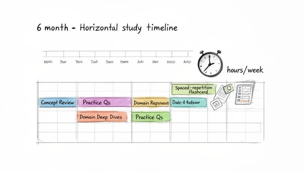A 6-month horizontal study timeline showing different learning phases like concept review, practice questions, and flashcards.