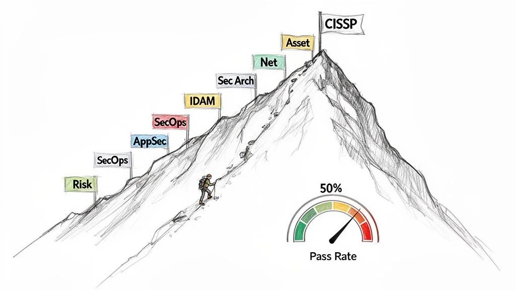 A climber ascends a mountain with flags representing cybersecurity domains towards the CISSP summit, showing a 50% pass rate.