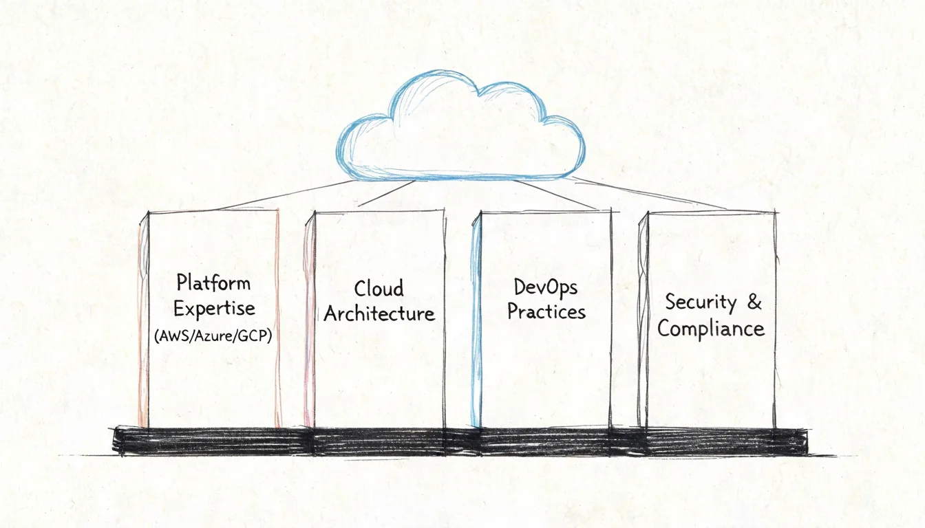 A hand-drawn illustration showing a cloud connecting to four pillars representing cloud computing professional expertise areas.