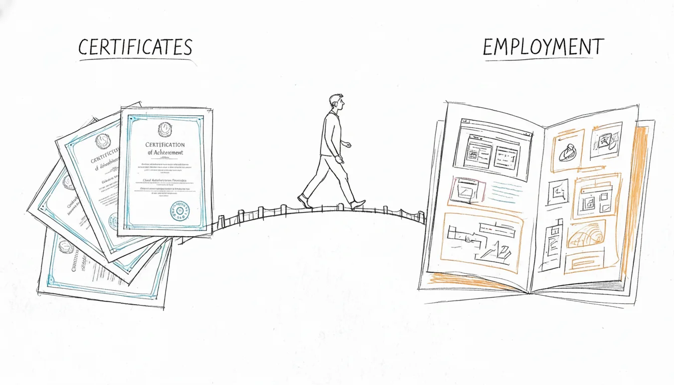 A conceptual sketch showing a person walking on a bridge from education certificates towards employment portfolios.