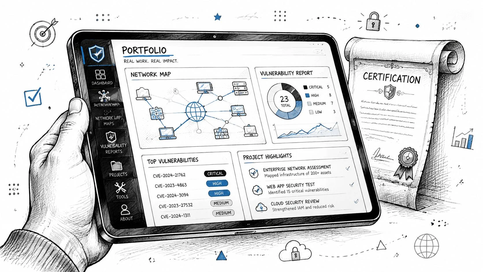 Hand holding a tablet with a cybersecurity portfolio dashboard