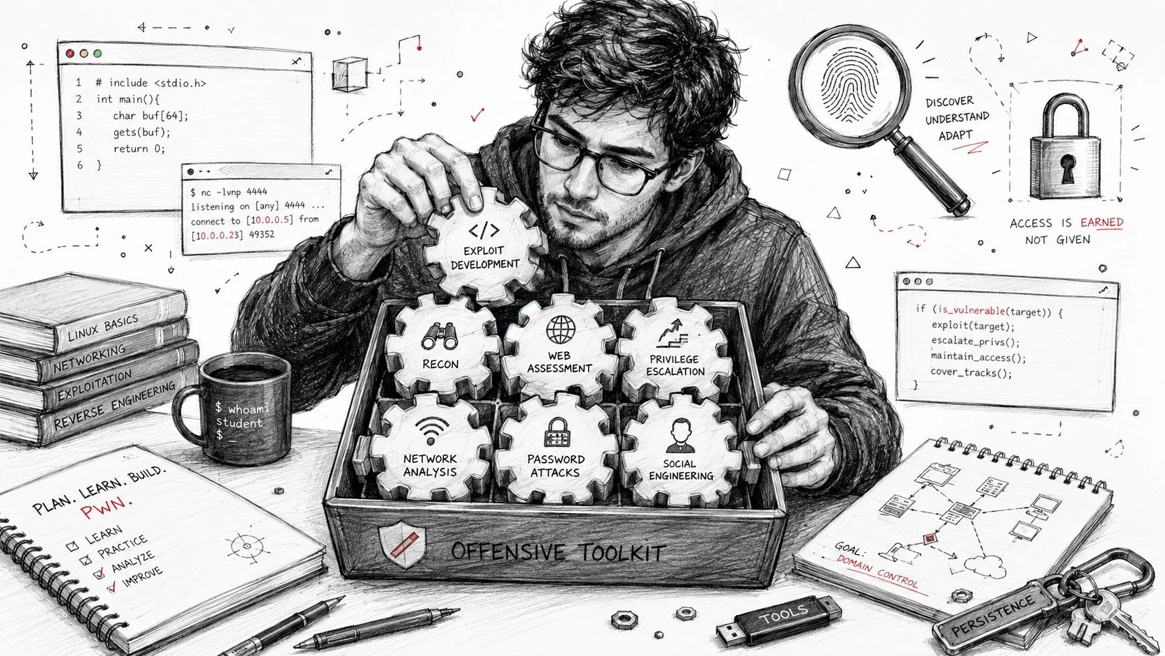 Person assembling gear toolkit for penetration testing skills