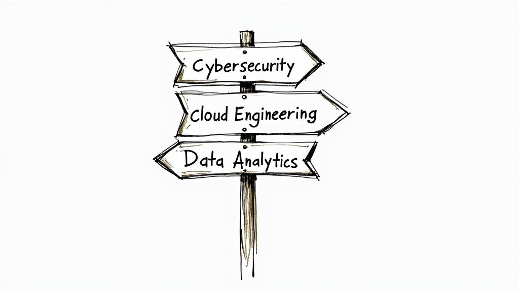 A person sitting at a desk with multiple monitors, surrounded by complex diagrams and flowcharts, representing the process of choosing a tech specialization.