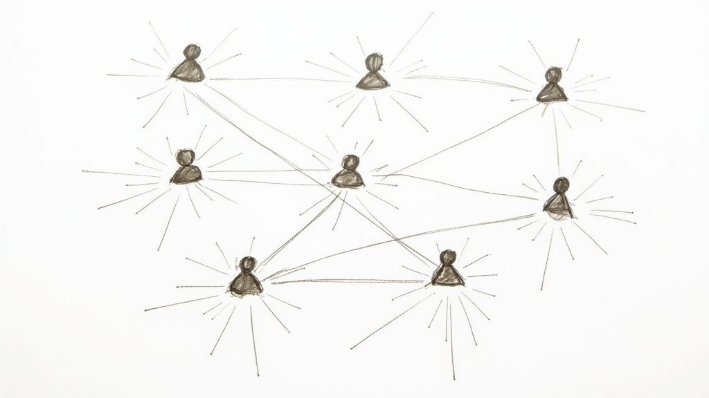 A person at a networking event talking to a recruiter, with a focused and engaging expression, while others mingle in the background.