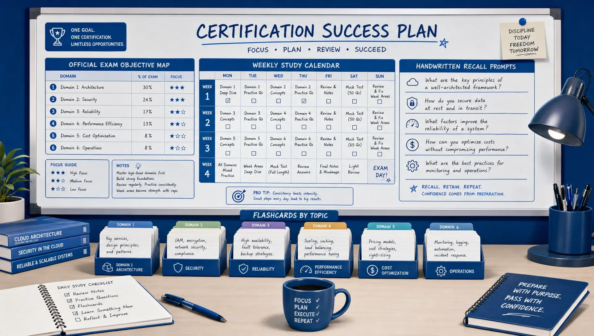 A certification study wall board with an official exam objective map, a weekly calendar, handwritten recall prompts, and small stacks of flashcards arranged by topic.
