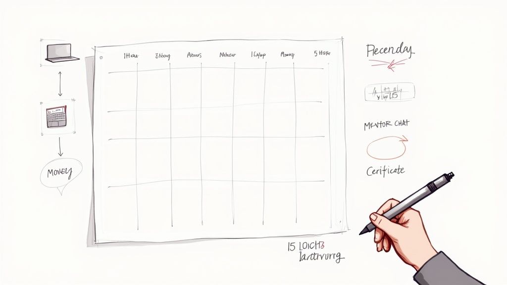 Hand drawing career planning calendar with laptop, spreadsheet, and mentor chat certification notes