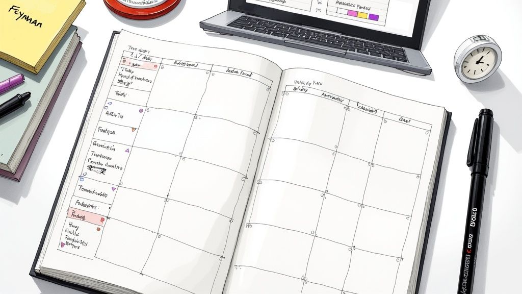 A person at a desk creating a study plan with a laptop, notebook, and coffee.