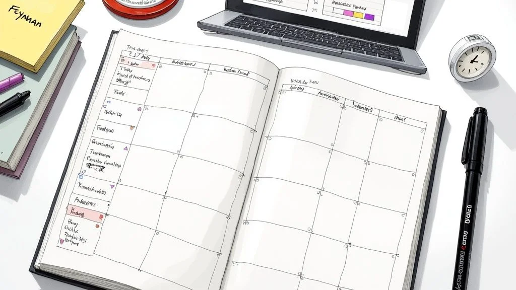 A person at a desk creating a study plan with a laptop, notebook, and coffee.