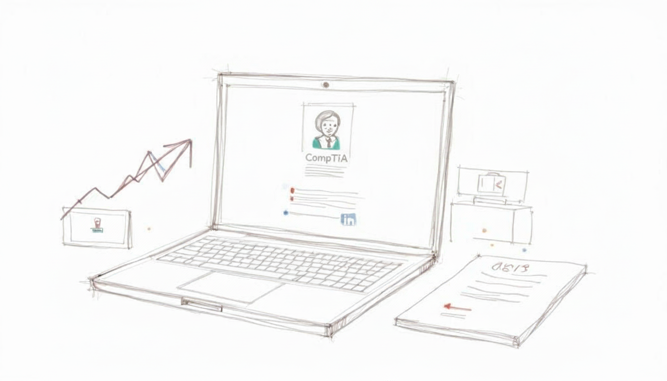 A person with a new certification badge updating their professional profiles on a laptop.