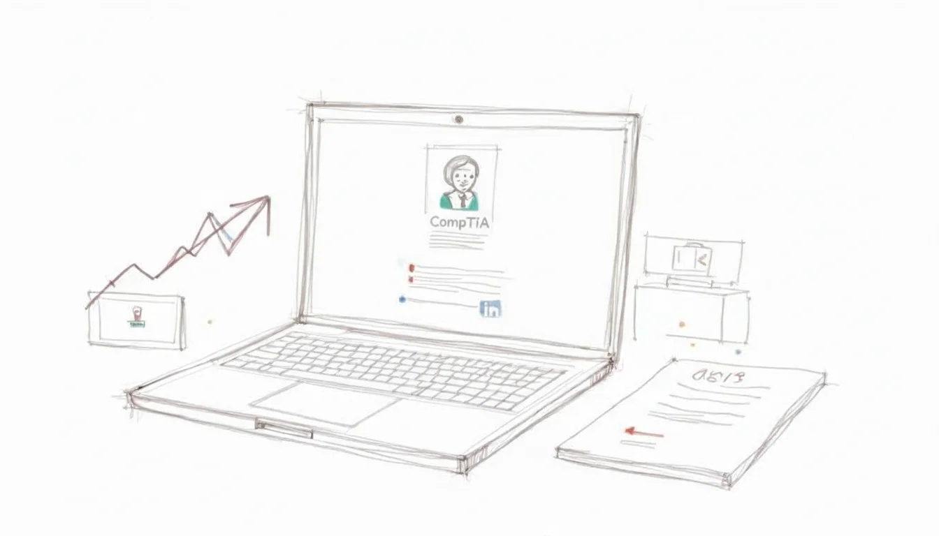 A person with a new certification badge updating their professional profiles on a laptop.
