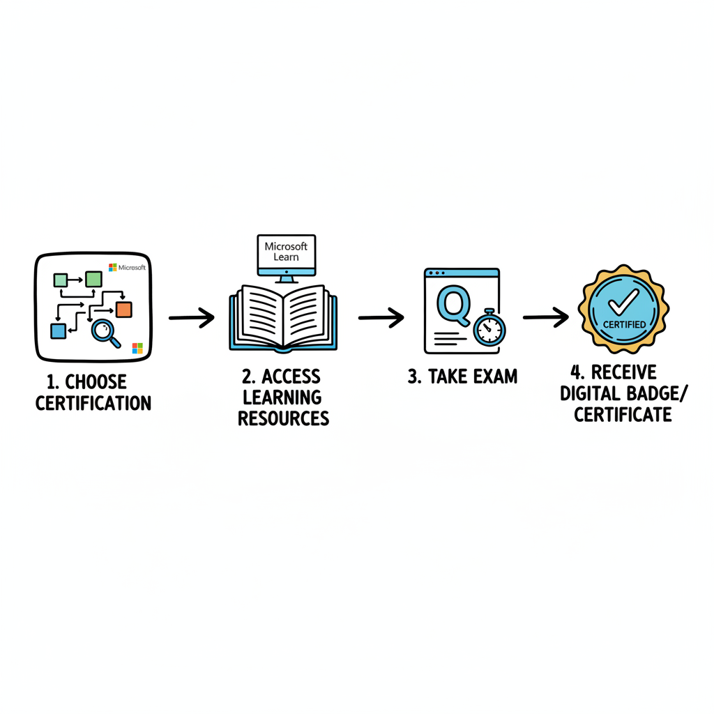 A person working on a laptop with a Microsoft certification badge displayed on the screen, symbolizing career advancement.