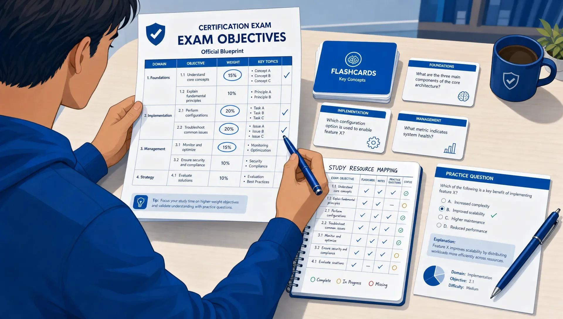 Learner reviews exam objectives, flashcards, and practice questions to ensure alignment.