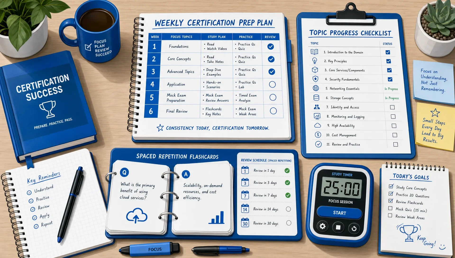Study desk with a weekly plan, progress checklist, spaced repetition flashcards, and a timer.