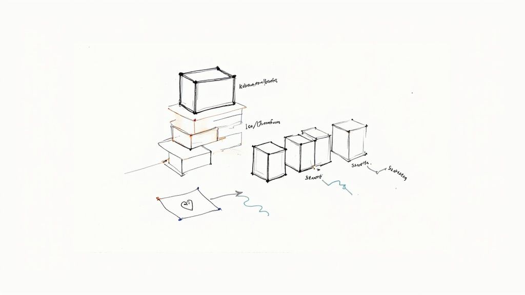 A professional works on a complex cloud architecture diagram on a futuristic transparent screen.