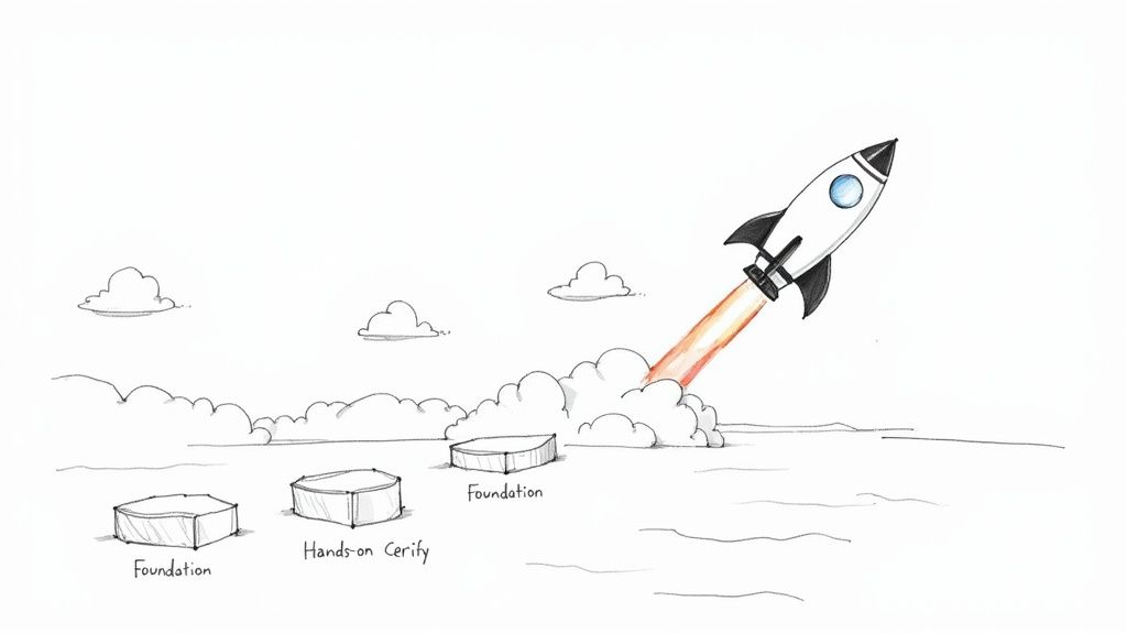 A professional working on cloud computing tasks on a laptop with abstract data streams in the background