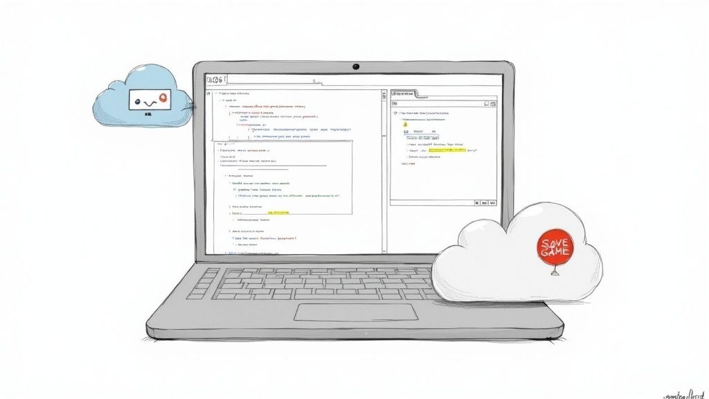 A clean and modern desk setup with a laptop showing code, a cup of coffee, and some tech gadgets, representing a developer's workspace.