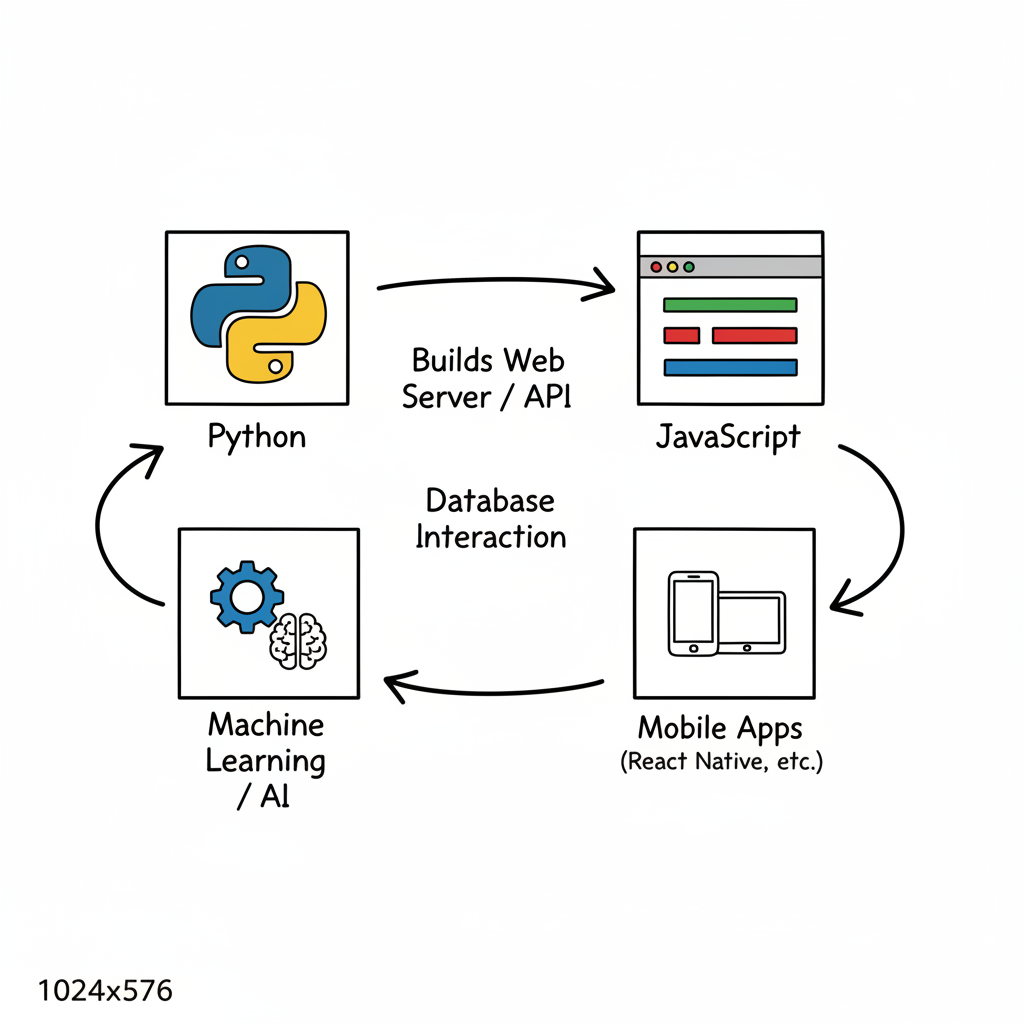 Two code editors side-by-side, one showing Python code and the other showing JavaScript, symbolizing the choice between them.