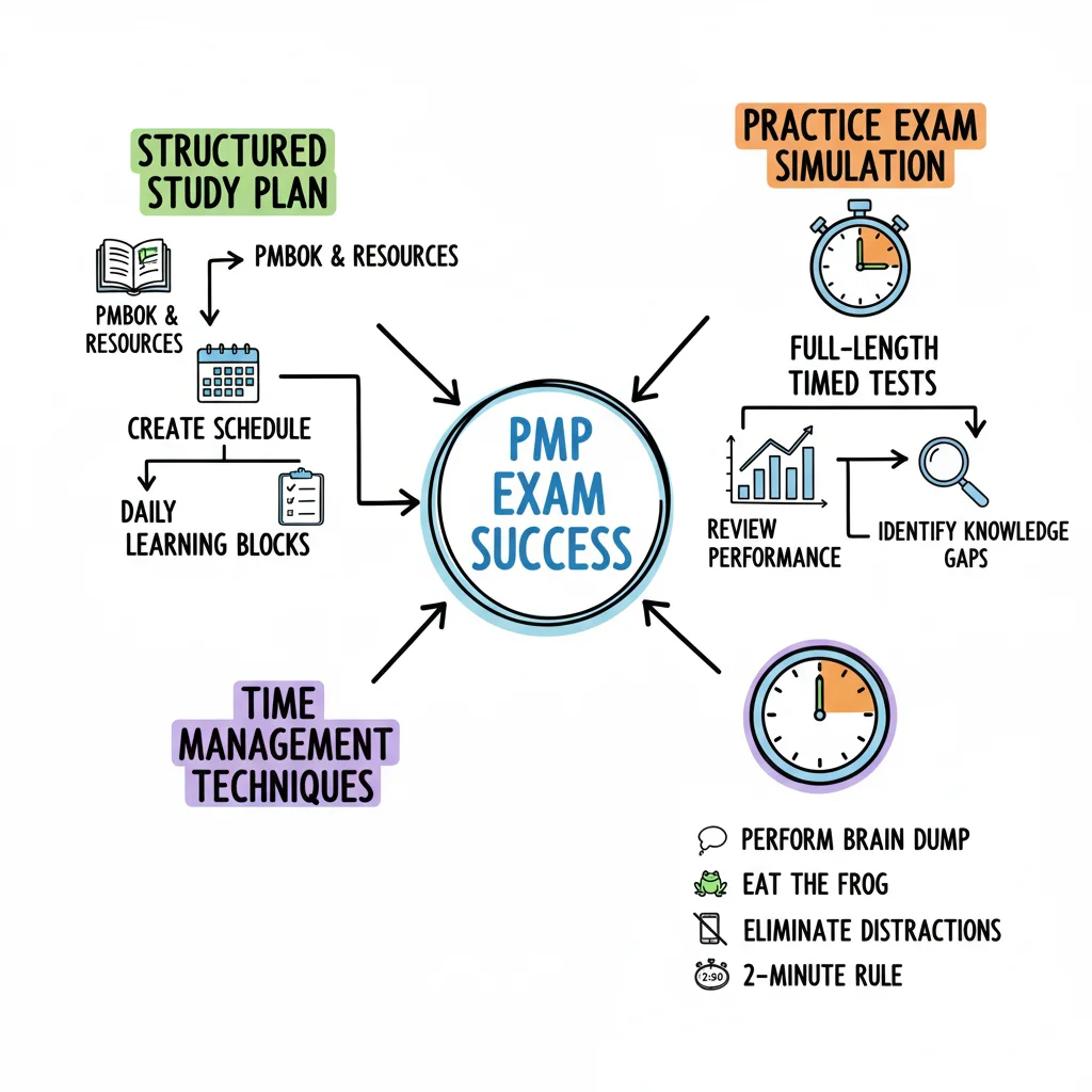 Hand-drawn study notes showing practice exam timer, graphs, and PMP exam preparation materials