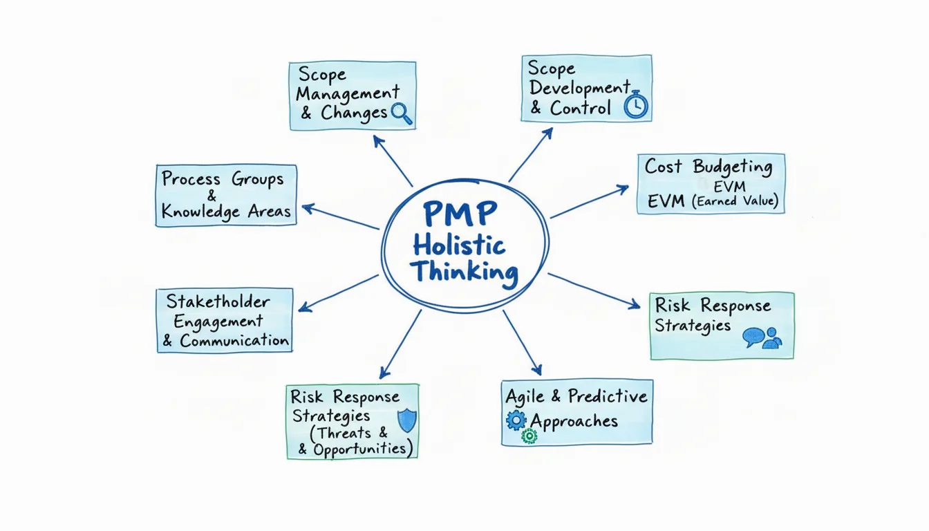 PMP exam domains diagram showing three connected circles representing people, process, and business management areas