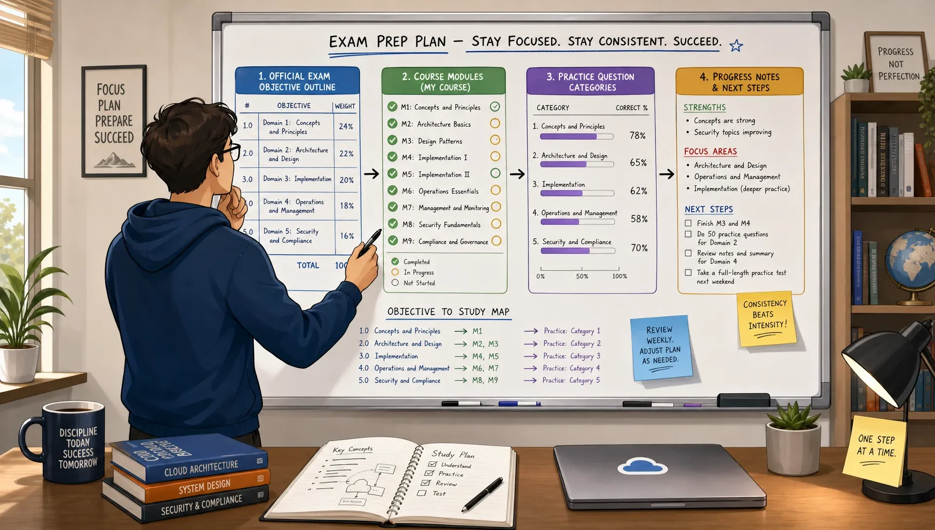 Learner comparing an exam objective outline with study materials.