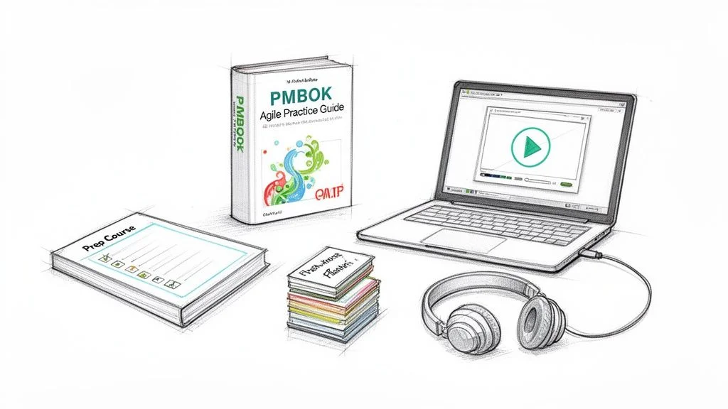 Various study materials including books, flashcards, a laptop with video, and headphones for certification prep.