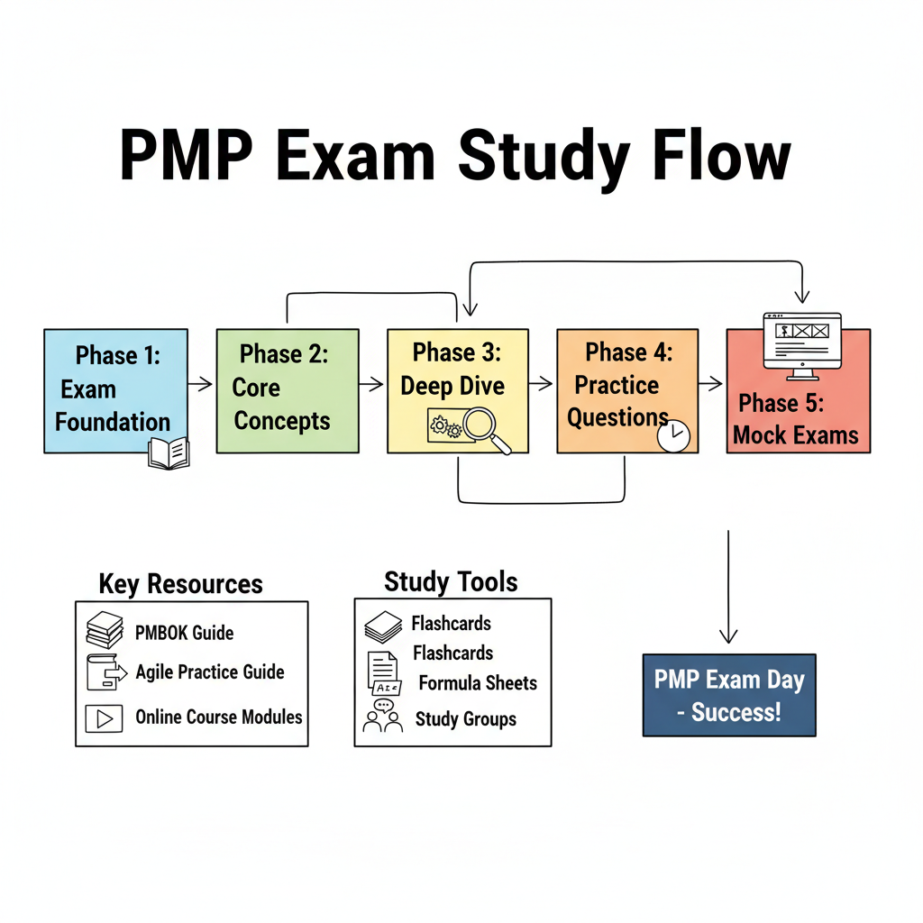 PMP Exam Blueprint outlining eligibility, an 8-12 week study plan, key domains, and preparation resources.