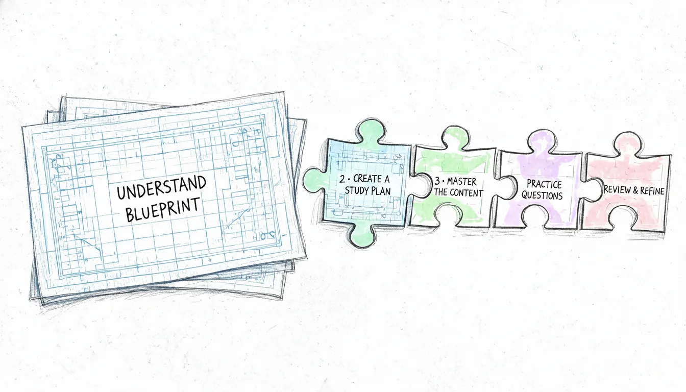 A diagram with puzzle pieces representing a four-step construction process labeled foundation, frame, connect, and finalize.