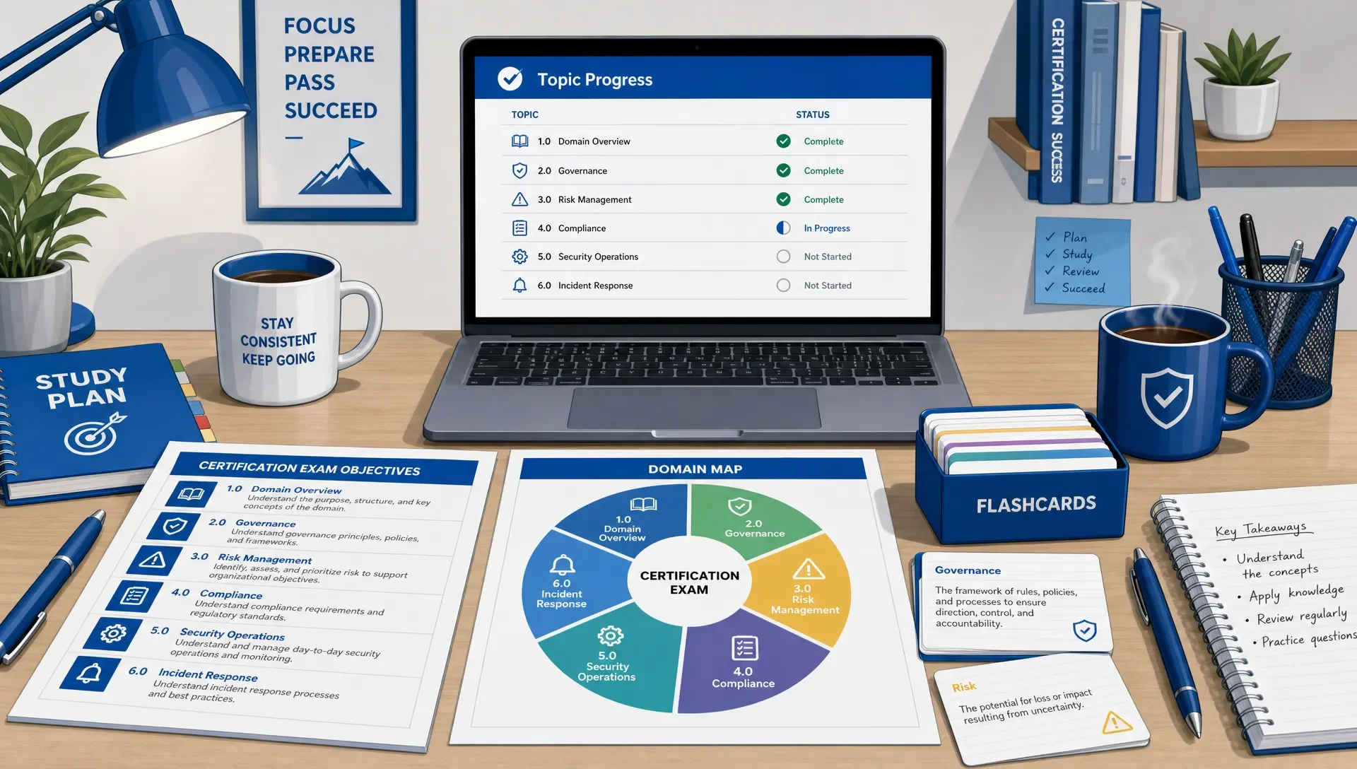 A certification learner's desk with a printed exam objectives sheet, a color-coded domain map, flashcards, and a laptop facing the camera with a topic progress checklist on the screen.