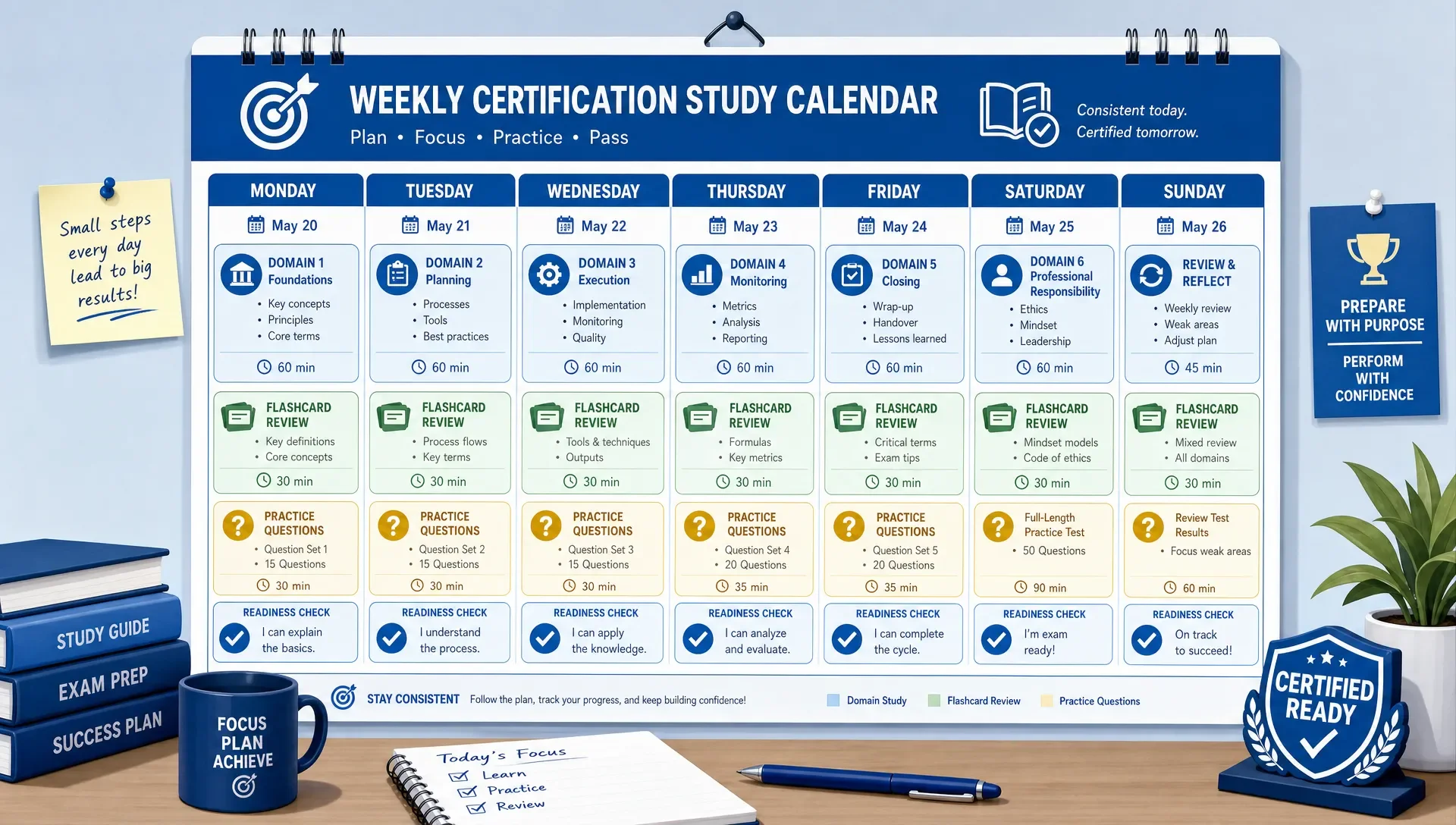 A weekly certification study calendar with domain blocks, flashcard review sessions, practice question sets, and readiness checkmarks organized across several days on a wall calendar.