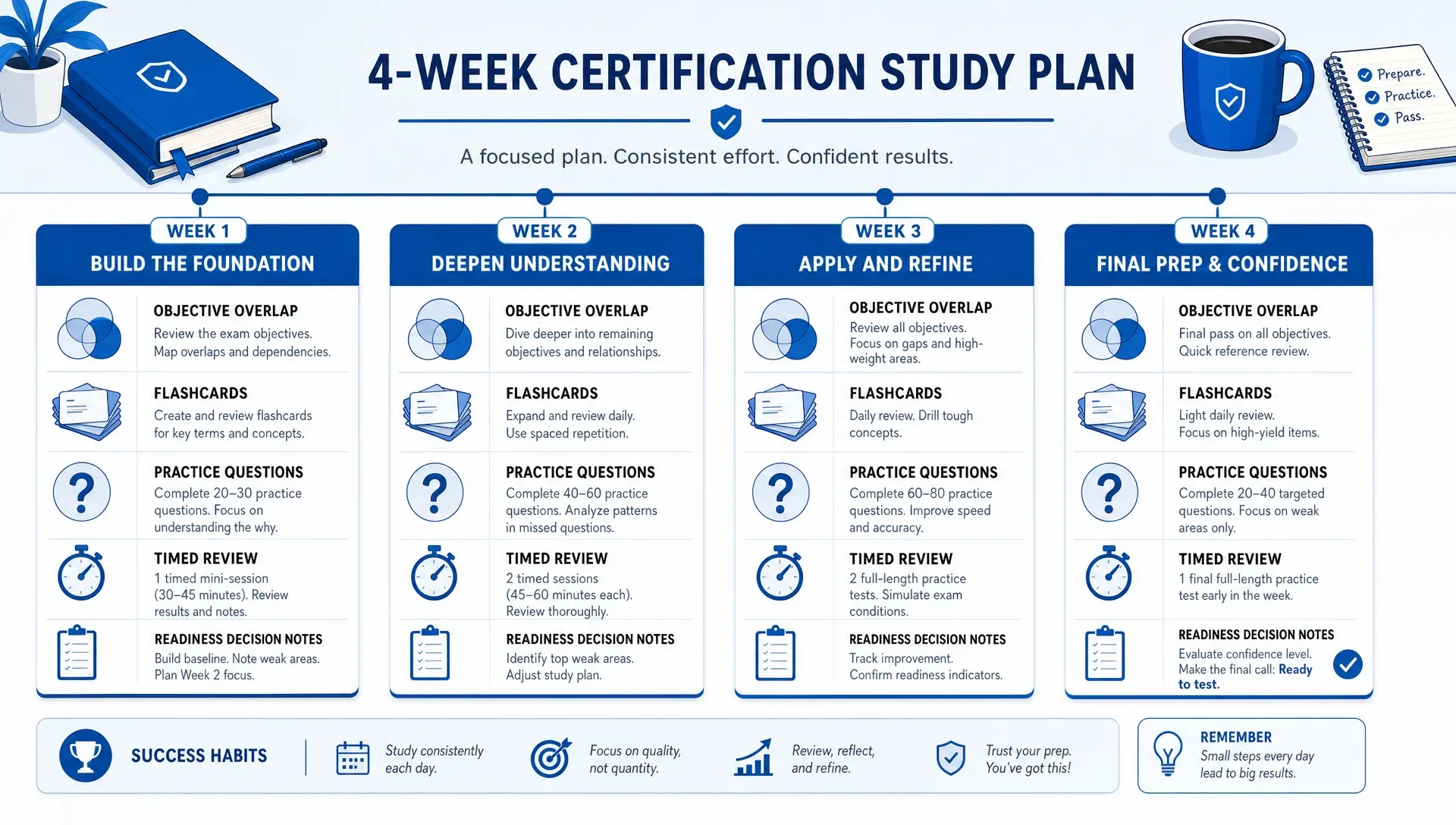 Four-week study timeline on planning cards, showing objective overlap, flashcards, practice questions, timed review, and readiness decisions.