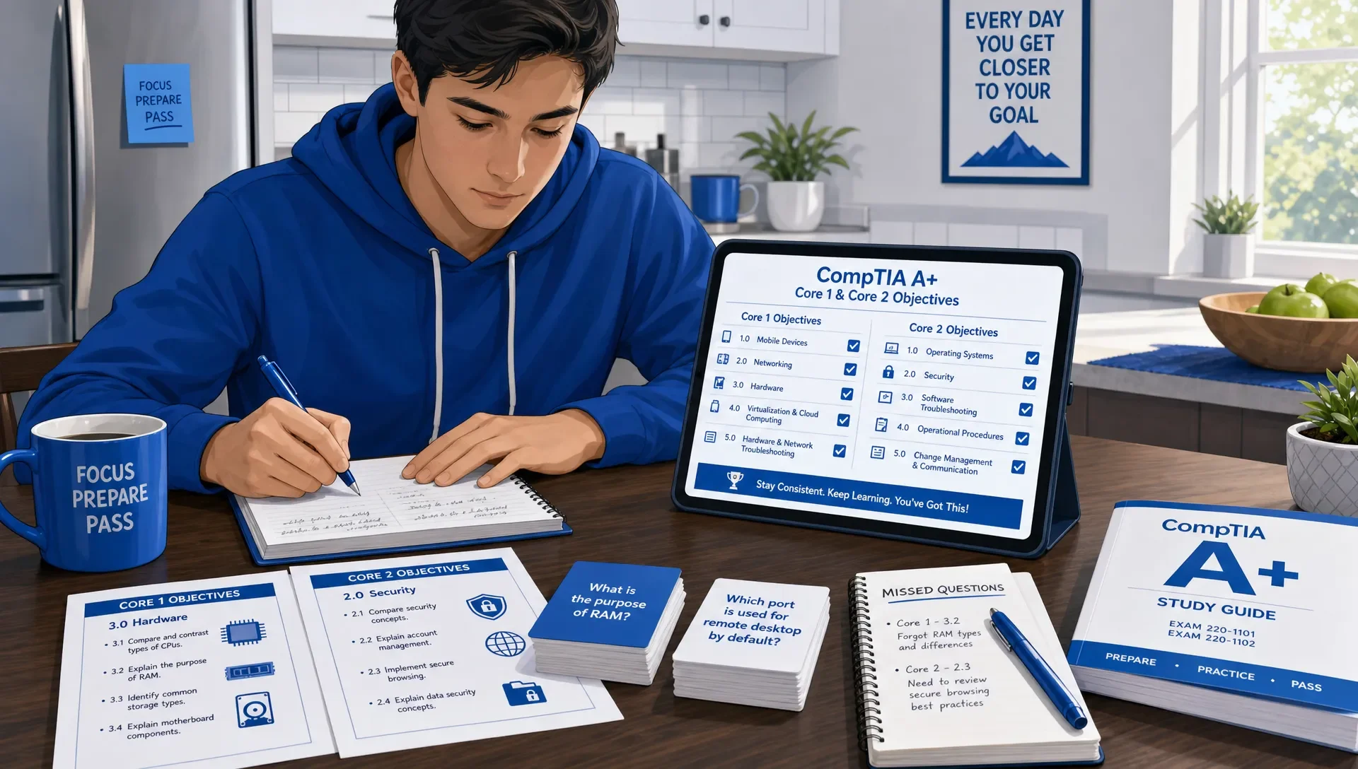 Person studies CompTIA A+ Core 1 and Core 2 objectives at a kitchen table with notes, a tablet showing a study checklist, flashcards, and a notebook for errors.