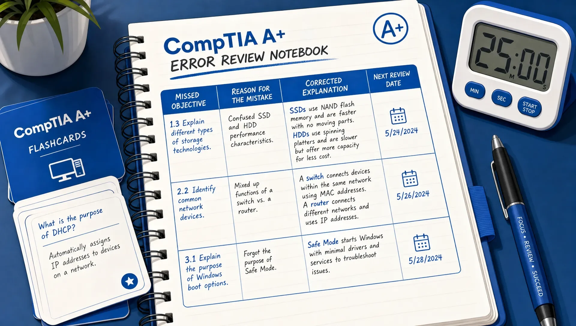 Close-up of a CompTIA A+ error review notebook with columns for missed objective, reason, explanation, and next review date.