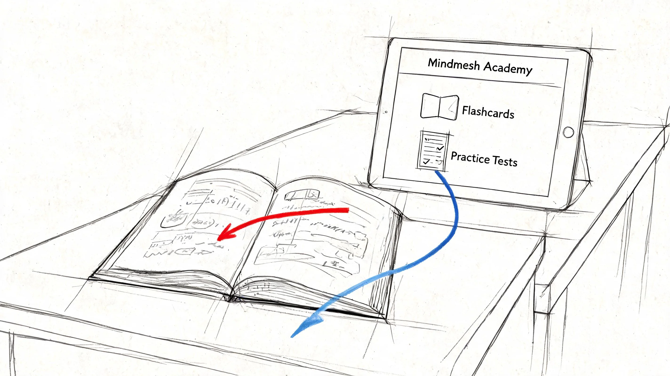 A hand-drawn sketch showing a book and a tablet displaying educational resources on a wooden desk.