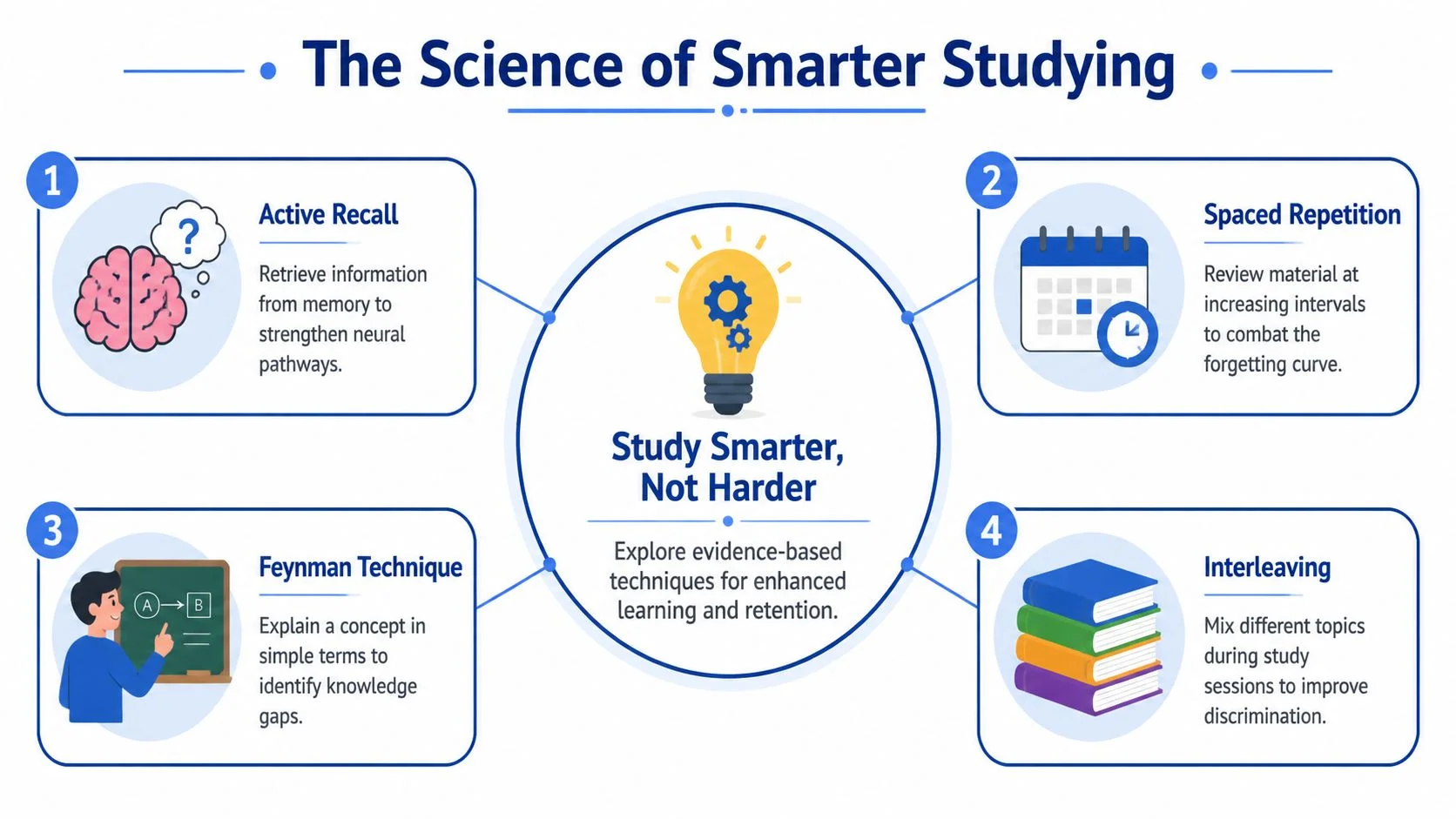 Infographic showing four learning techniques: active recall, spaced repetition, Feynman technique, interleaving.