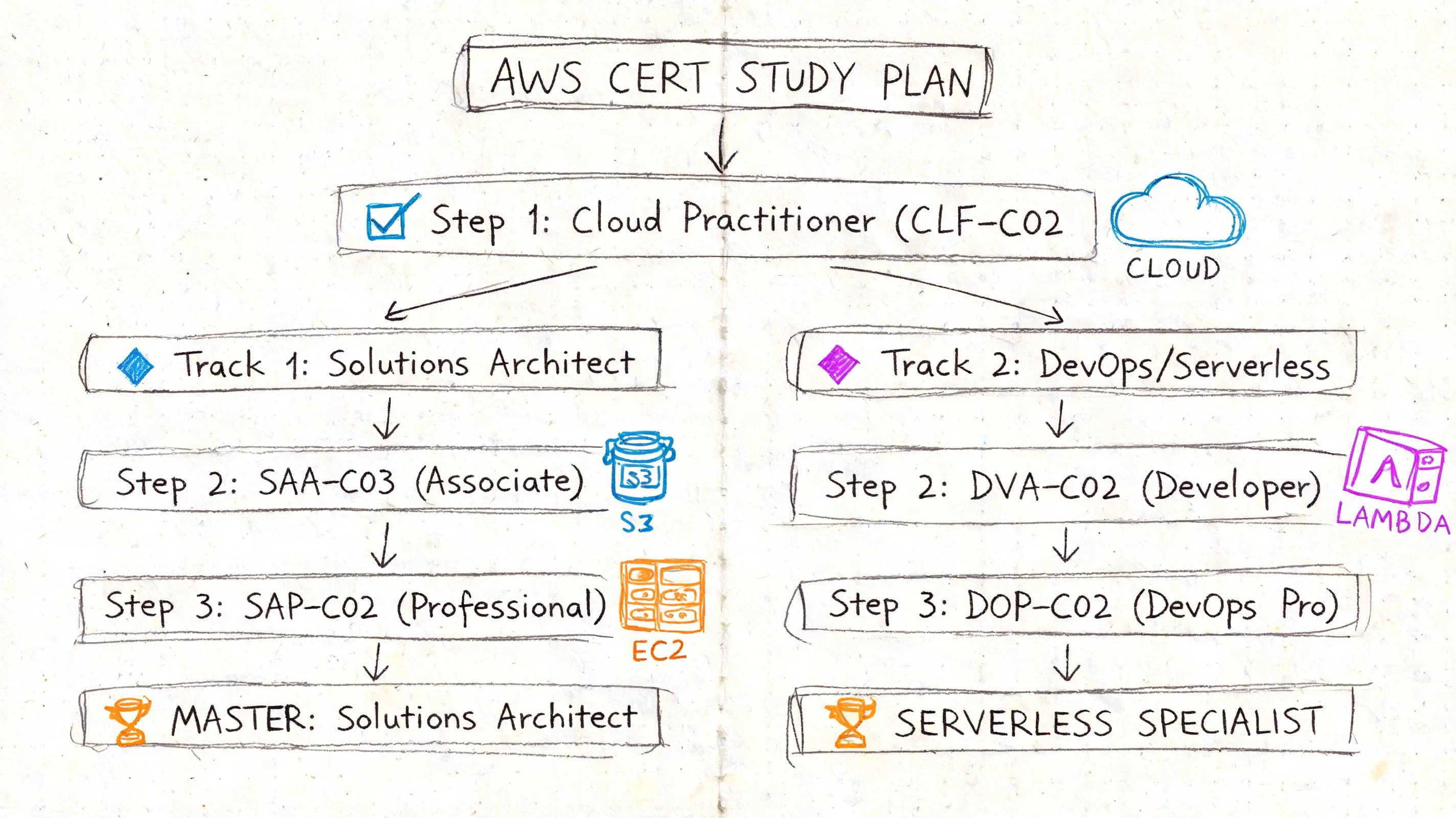 A hand-drawn flowchart detailing an AWS certification study path starting from Cloud Practitioner into two distinct tracks.
