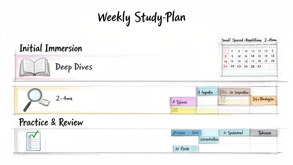 Illustrated weekly study plan showing sections for initial immersion, deep dives, focused study, and practice & review.