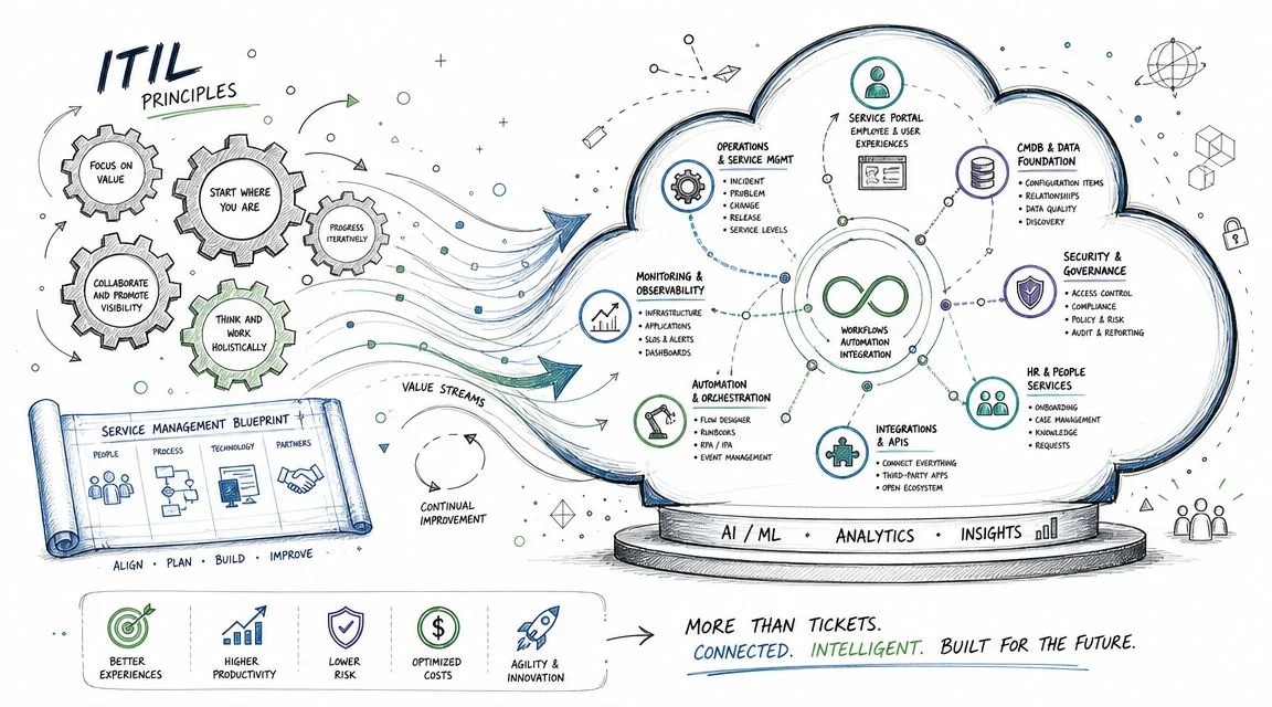 Diagram showing ITIL principles, service management, and ServiceNow platform capabilities.