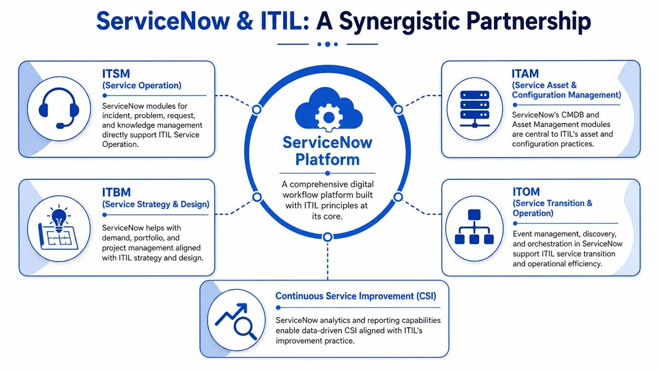 Diagram illustrating ITIL practices mapped to ServiceNow modules.