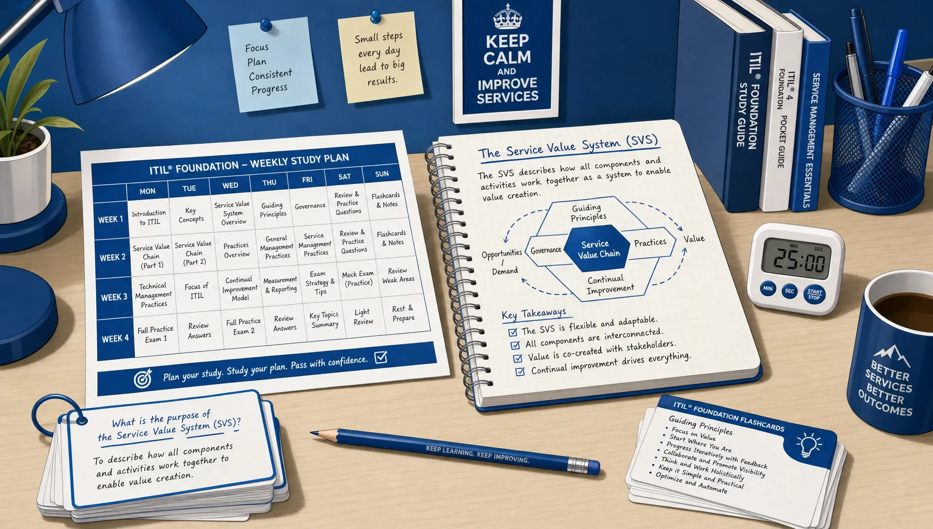 A tidy study desk with a printed ITIL Foundation weekly calendar, handwritten Service Value System notes, flashcards, a pencil, and a small timer.