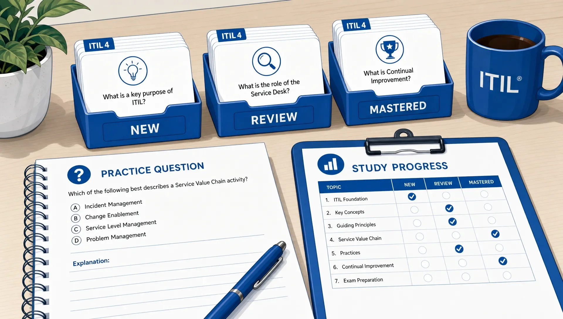 Printed ITIL flashcards in three spaced repetition piles labeled new, review, and mastered beside a practice question sheet and progress checklist.