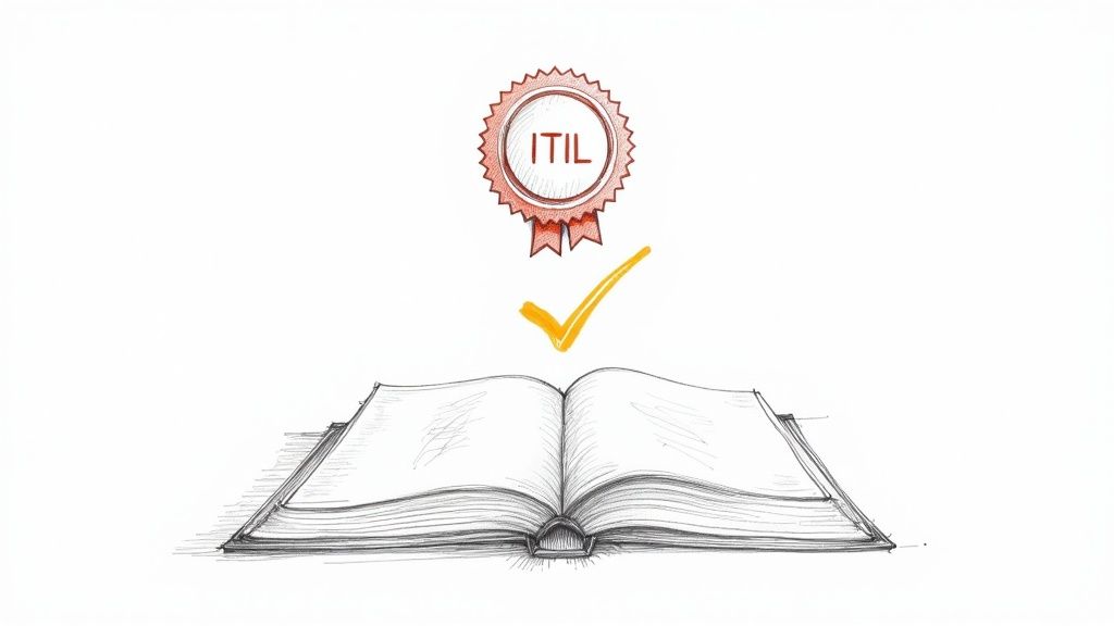 IT professionals collaborating over a table with laptops and documents, representing ITIL service management.