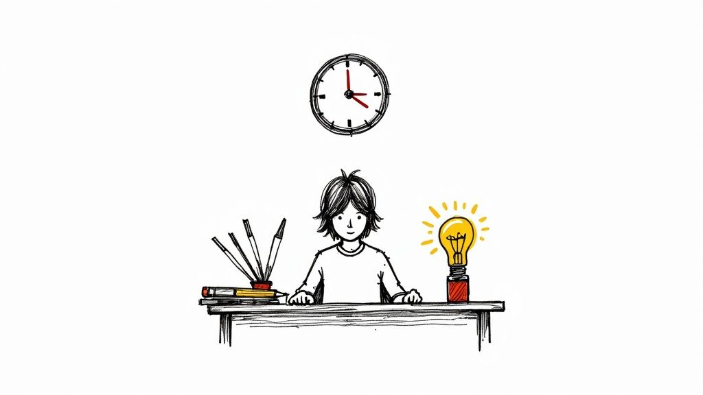 A person at a desk with a laptop and notebook, creating a study plan with sticky notes on a wall.