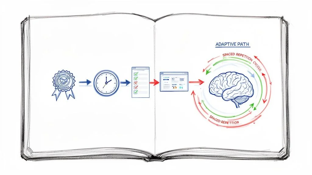 Hand-drawn sketch of practice test analysis, magnifying glass, bar chart, time management, and knowledge gaps.