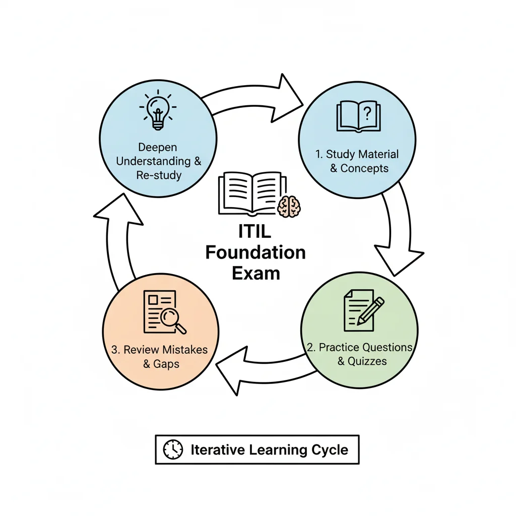 ITIL 4 Foundation Exam blueprint with 40 questions, 60 minutes duration, and a 65% minimum pass score.