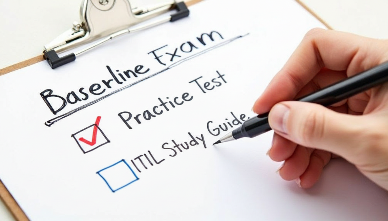A person at a desk creating a detailed study plan, surrounded by ITIL books and notes.