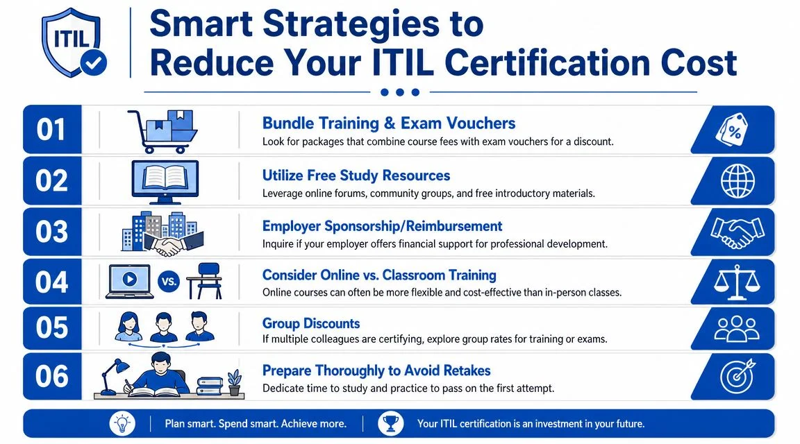 Infographic with six strategies to reduce ITIL certification costs.