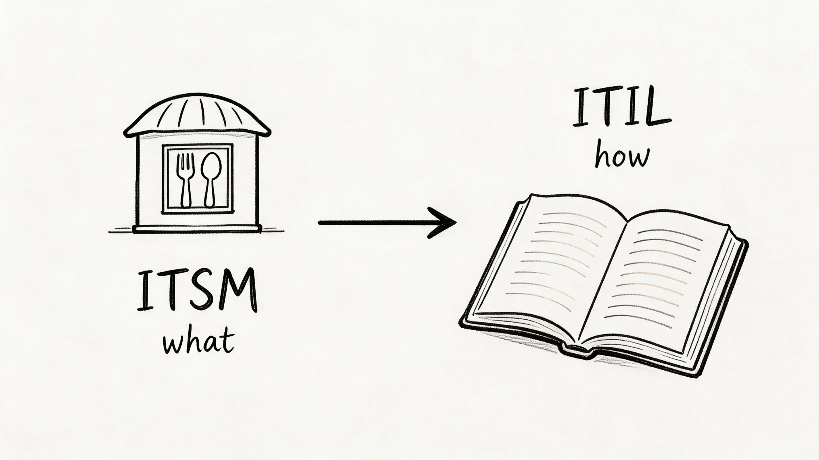 A hand-drawn illustration depicting ITSM as the 'what' and ITIL as the 'how' for service management.